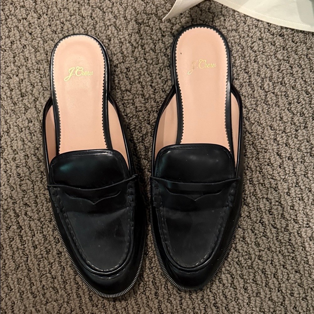 J. Crew Black Leather Penny Loafer Mule with Pink Insole